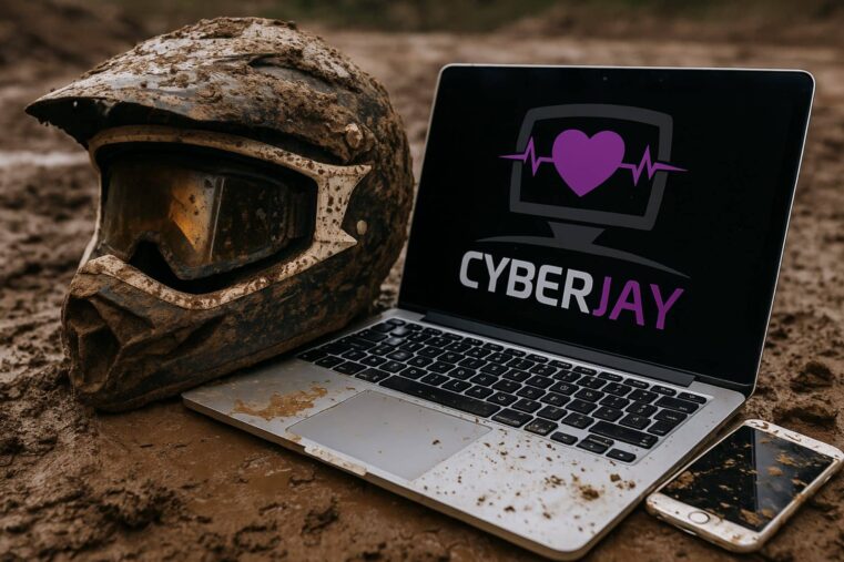 Casque enduro et macbook, Cyber Jay campagne