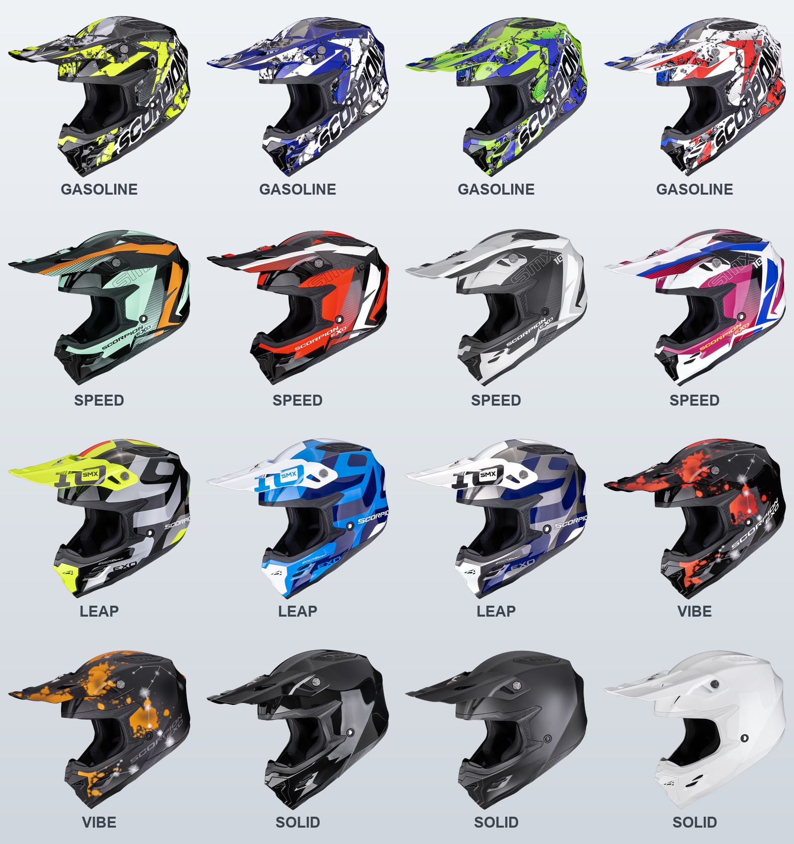 Les 16 coloris du Scorpion SMX-10 : Gasoline (4), Speed (4), Leap (3), Vibe (2) et Solid (3)