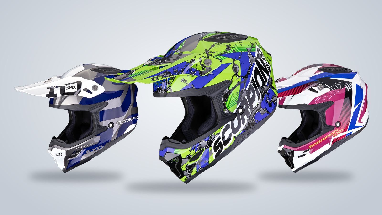 Casques Scorpion SMX-10 Gasoline vert, bleu et noir, Leap argent et bleu, Speed blanc, rose et bleu